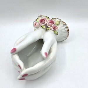 Vintage Lefton China Porcelain Ladies Hands Pink Roses Hand Painted Dish 1950's